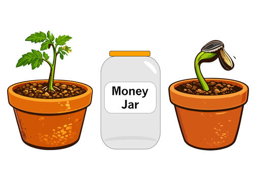 Page header image 2 plant pots with seedlings with a money jar placed between them. terracotta plant pots with a tomato and sunflower seedling.